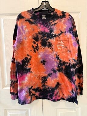 Victoria's Secret PINK tie-dye long sleeve shirt with orange, purple, and black